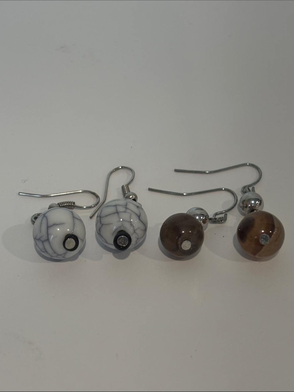 White & Brown Bead Drop Earrings - Set of Two Pairs